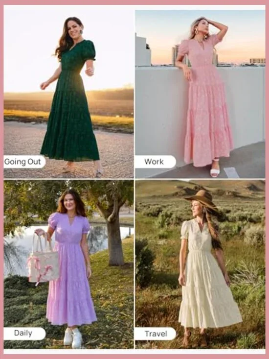 Polyester Floral Textured Midi Dress with Puff Sleeves and V-Neck - Picture 6 of 7